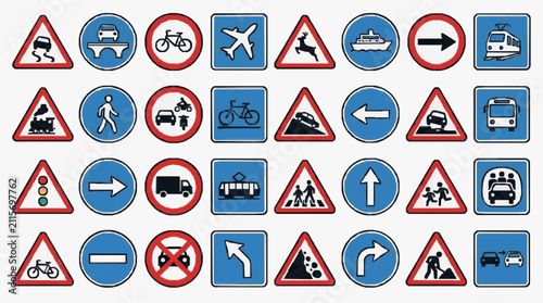 Fotografía Creative Collection of 40 International Road Signs with Blue and Red Backgrounds