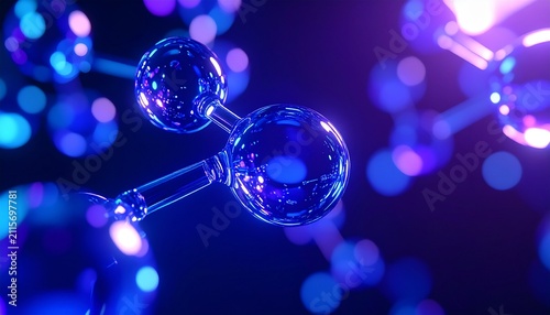 Obraz na płótnie クリスタルのような透明分子構造をリアルに表現した先端美容科学イメージ。深みのあるブルーとパープルの光彩が未来的な印象を与え、美容液や高機能化粧品、再生美容、医療技術、バイオサイエンス、ナノカプセル技術などをテーマにした広告デザインにおすすめ。