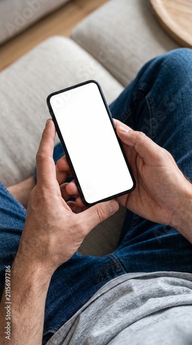 Hands holding blank smartphone screen. Person using mobile phone with empty display.
