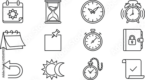 Time management and productivity line icon set featuring clock calendar stopwatch hourglass and schedule vectors