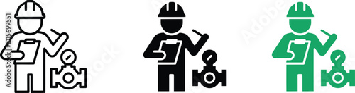 Plumbing inspector with clipboard and pipe valve pressure gauge, safety gear technician icon