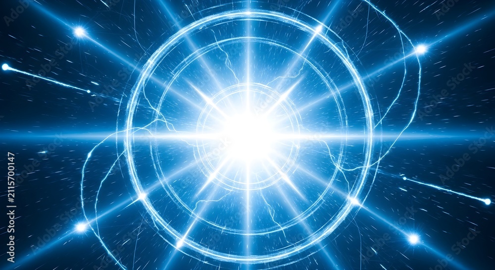 Naklejka premium Abstract blue light explosion background. Glowing energy portal with radial rays and particles.