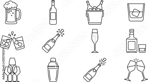 Quadro su tela Alcoholic beverages and bar menu line icon set featuring beer mug wine bottle co