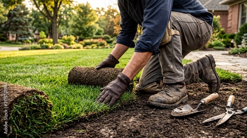 Lawn care techniques, a close-up of a workers hands and boots arranging fresh green sod on a lawn