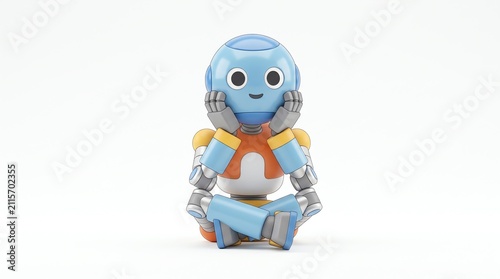Cute Blue Robot Sitting and Thinking on White Background