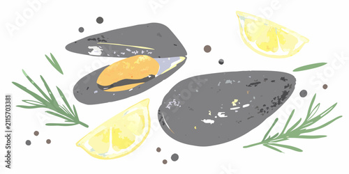Foto Mussels And Lemon Watercolor Illustration With Rosemary Sprigs