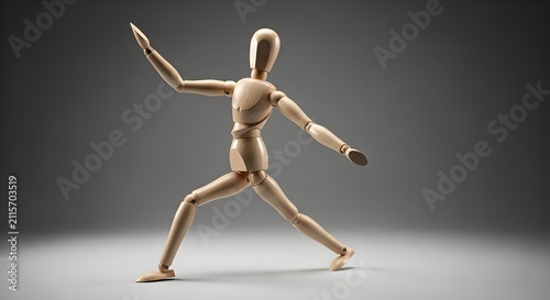 Wooden mannequin in a dynamic pose. Articulated human model for drawing and design.
