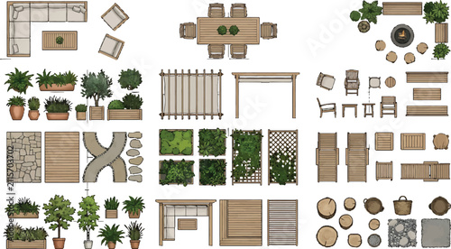 Top view garden furniture and landscape design elements set for architectural site planning and exterior layout projects