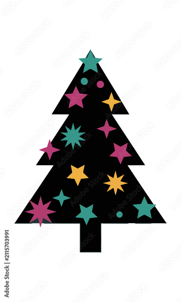 Obraz premium Bold black silhouette of a stylized Christmas tree adorned with geometric stars and sparkle icons, isolated on white. Holiday season concept