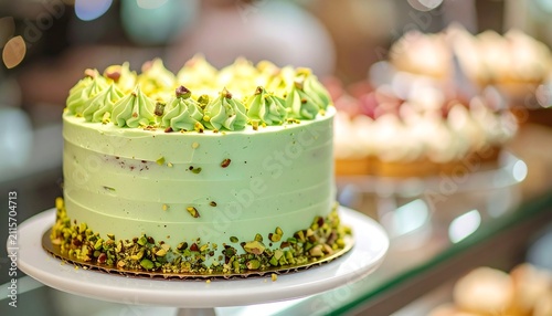 Elegant green pistachio cake decorated with chopped nuts on a stand in a bakery