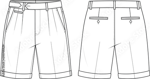 фотографія Technical fashion flat sketch of classic pleated Bermuda shorts with cuffed hems and waistband loops