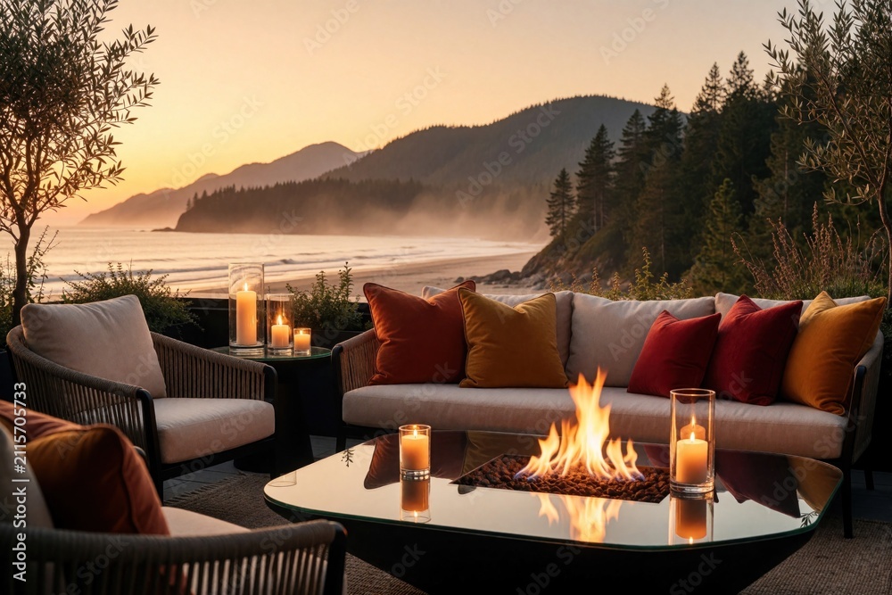 Obraz premium Luxury terrace lounge at sunset features comfortable sofas with pillows, glowing fire pit table. Scenic ocean coastline with mountains, forest forest backdrop creates romantic atmosphere. Elegant