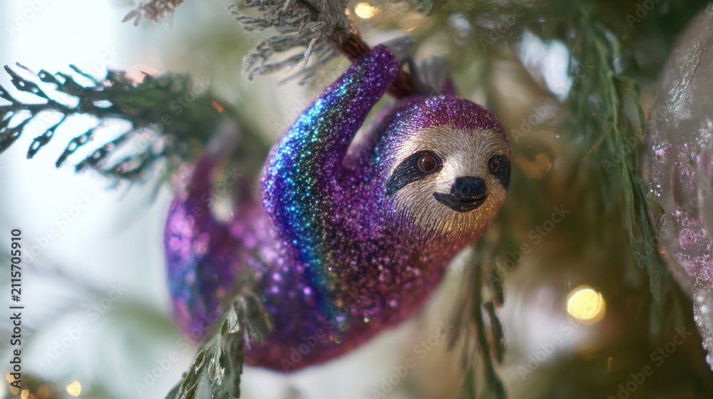Fototapeta premium Colorful sloth ornament hangs on a Christmas tree branch with green pine needles and lights in the background