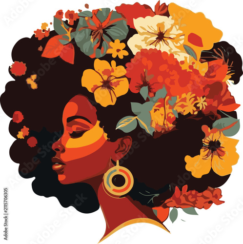 African Woman Profile Vector Art with Floral Afro Hair