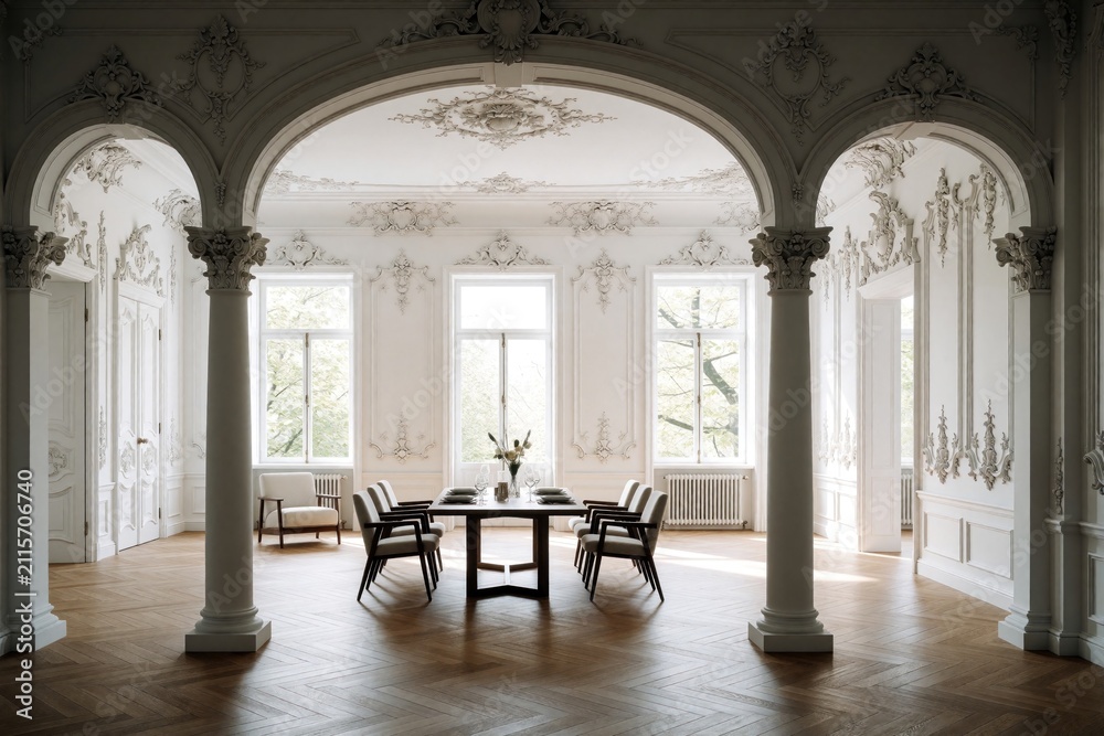 Obraz premium Luxurious dining room inside historic mansion features white walls with intricate stucco decorations plus arched doorways, columns. Large windows bring natural light into bright open space with
