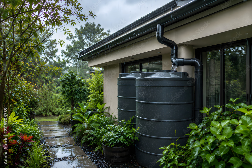 Obraz premium Modern Residential Rainwater Harvesting System Collecting Rainwater at Sustainable Eco-Friendly Home