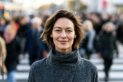 Business employee standing out in city crowd