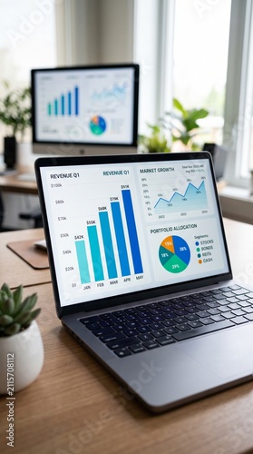 Businesswoman analyzing financial data on laptop. Modern office workspace with charts and graphs.