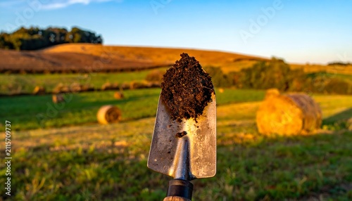 Gardening Trowel with Soil Overlooking Countryside Landscape