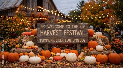 Welcome to the harvest festival sign with many pumpkins at a farm