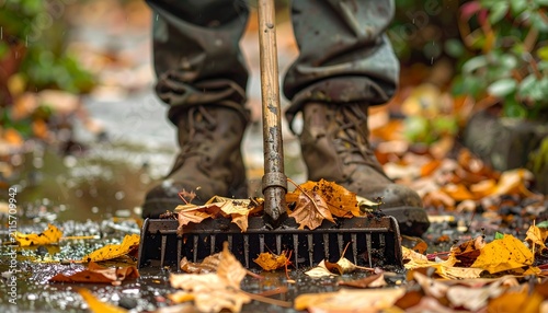 Autumn Yard Work with Raking Leaves Wet Conditions