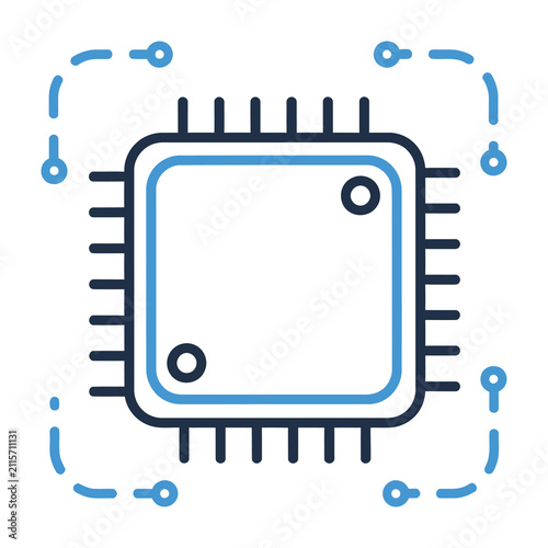 Microchip electronic component with blue outline and black lines on white background