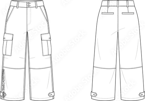 Fotografía Technical fashion flat sketch of utility cargo pants with side pockets, belt loops, and adjustable ankle tabs