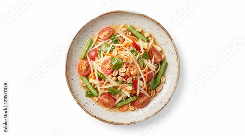 Top view of Thai Som Tum papaya salad isolated on pure white background, no shadow.