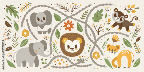 Wall Mural Jungle animals and floral elements a playful vector illustration