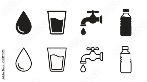 Foto Minimalist water icons set featuring droplets, glasses, faucets, and bottles in
