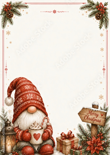 Festive Christmas gnome with gifts, lantern, and hot cocoa on a holiday border background. Perfect for greeting cards or invitations.