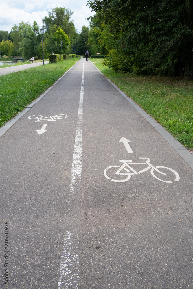 Obraz premium Bicycle path marked with lines and symbols in a green park during daytime