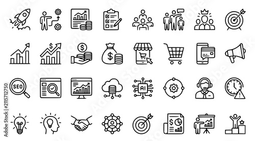 Business and finance concept illustration vector set with startup strategy ecommerce analytics management and project development isolated on white background