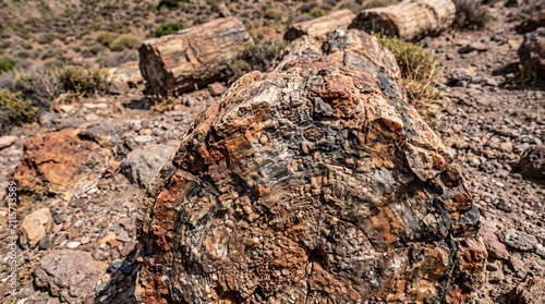 Close-up view of a massive piece of colorful petrified wood showing detailed mineralized grain and texture in a desert landscape at Petrified Forest National Park