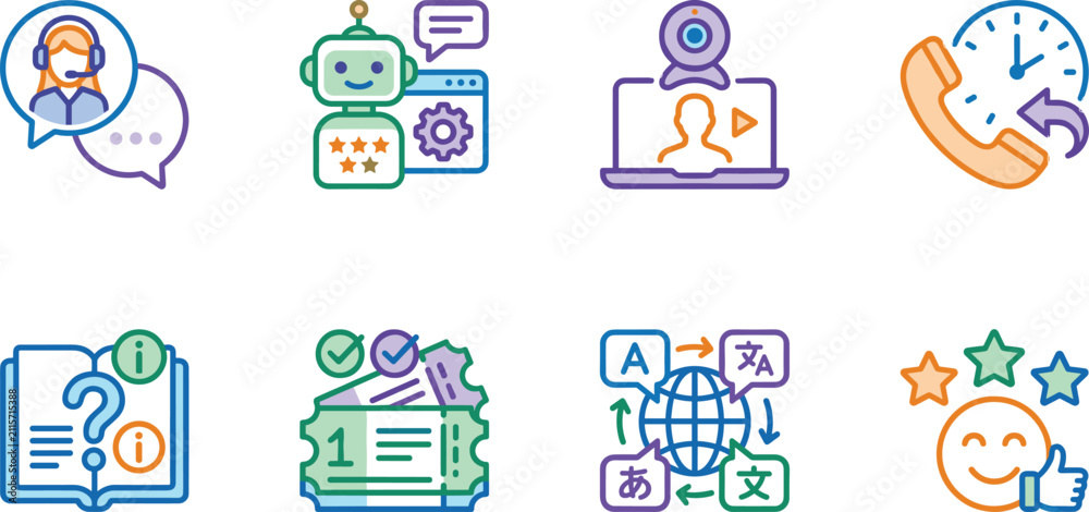 Fototapeta premium Customer support and helpdesk line icon set with AI chatbot, ticketing system, and global communication elements
