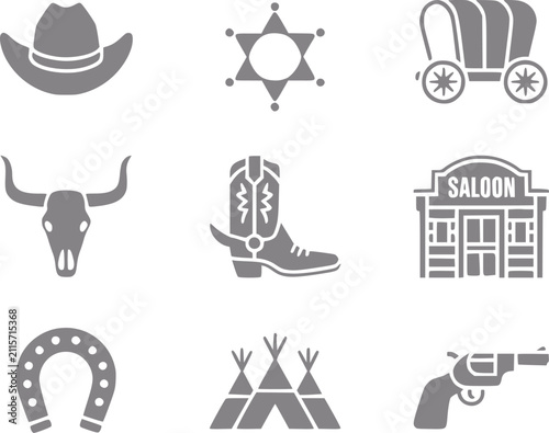 Fotografie Una colección de iconos grises que representan la cultura del lejano oeste inclu