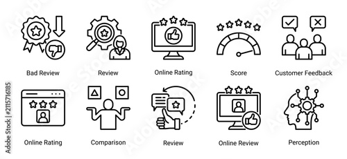 фотографія Comprehensive Reviews Feedback icon set featuring online ratings, customer reviews, score analysis, perception tracking, and feedback management concepts