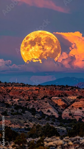 A vibrant full moon illuminates a rugged desert landscape at dusk.