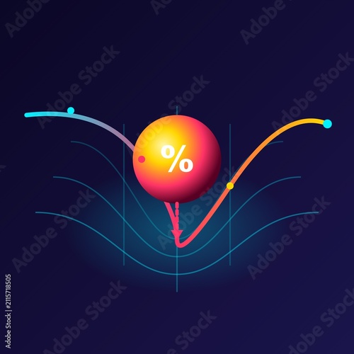 Fotografie 3D visualization of a glowing percentage sphere falling with heavy weight, bendi