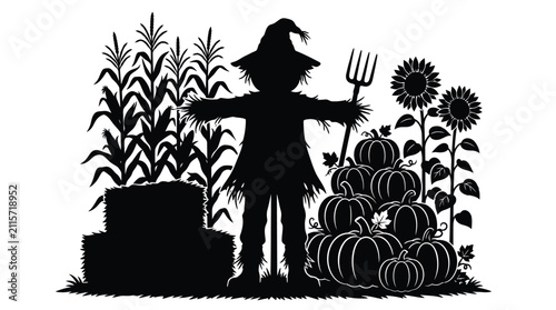 Foto Detailed black silhouette of a scarecrow standing beside ripe pumpkins and tall