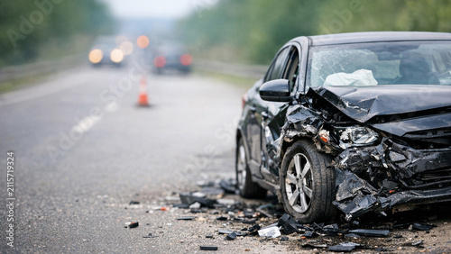 The image shows the aftermath of a car accident on a highway. The damaged vehicle is towed away from the scene while traffic congestion and an emergency response are underway.