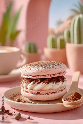 Delicate pink macaroon filled with rich cream and dusted with cocoa powder, served beside coffee and potted cacti in a warm, pastel-toned desert arch backdrop