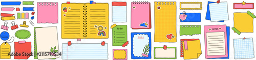 Colorful paper notes for daily planner, hand drawn memo sheet stickers. Notebook sheets doodles, pins and paper clips, paper note with cute sticker, goals and to-do list, blank diary pages vector set