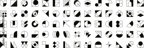 Modern geometric linear forms, abstract brutalism shapes. Simple contemporary style black outline shapes, retro swiss graphic design line elements, minimalist basic shape or symbol vector set