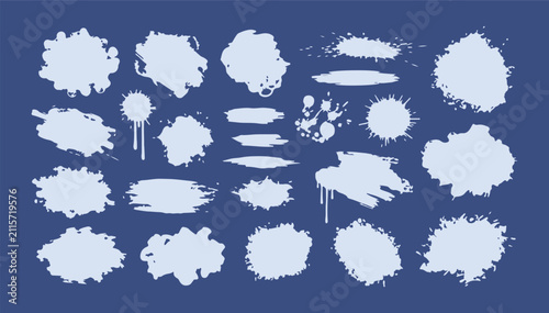 A collection of white grunge ink splatters, paint drips, spray textures, and blob shapes set on a dark blue background.
