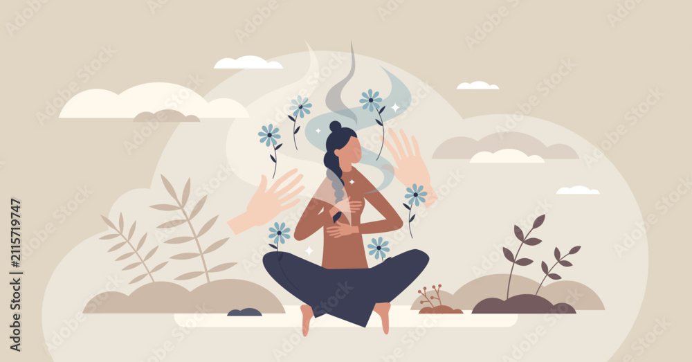 Obraz premium Somatic therapy healing shows a calm woman meditating as supportive hands and flowers symbolize body mind regulation and self soothing, key objects, woman, hands, flowers. Tiny style