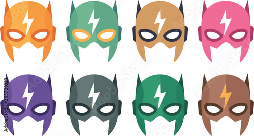 Superhero mask icons set, colorful cartoon hero helmets with lightning bolt symbol isolated on white background