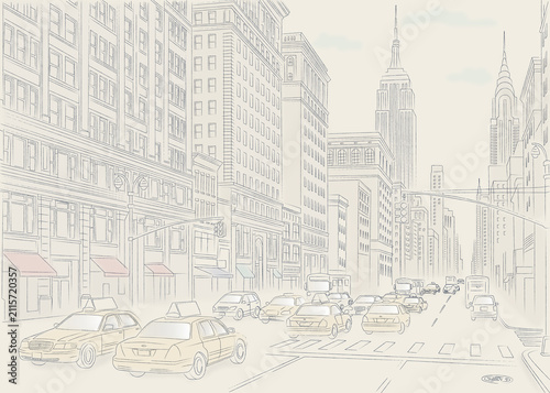 Photography New York City cityscape with yellow cab taxi hand drawn illustration