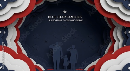 Patriotic paper art frame with American flag colors, stars, and a silhouetted family saluting in the center.