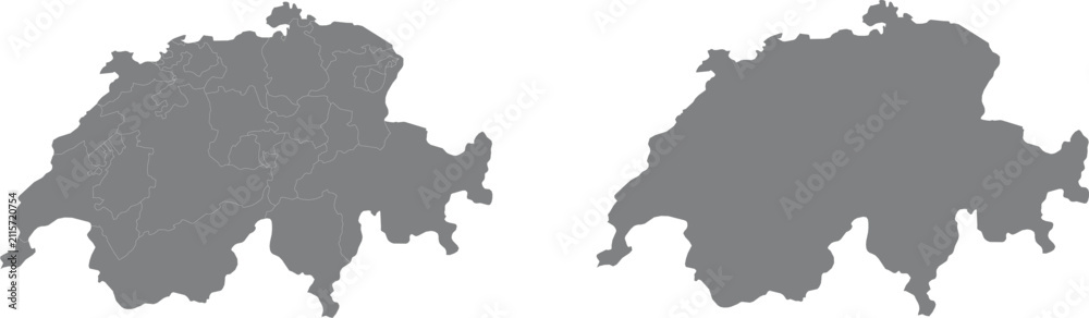 Fototapeta premium Grey map silhouettes of switzerland with and without cantonal borders illustration
